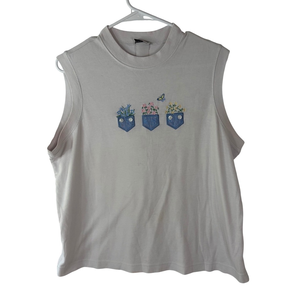 BonWorth Womens Sleeveless Floral Pocket Embroidery Top Gray Cottagecore